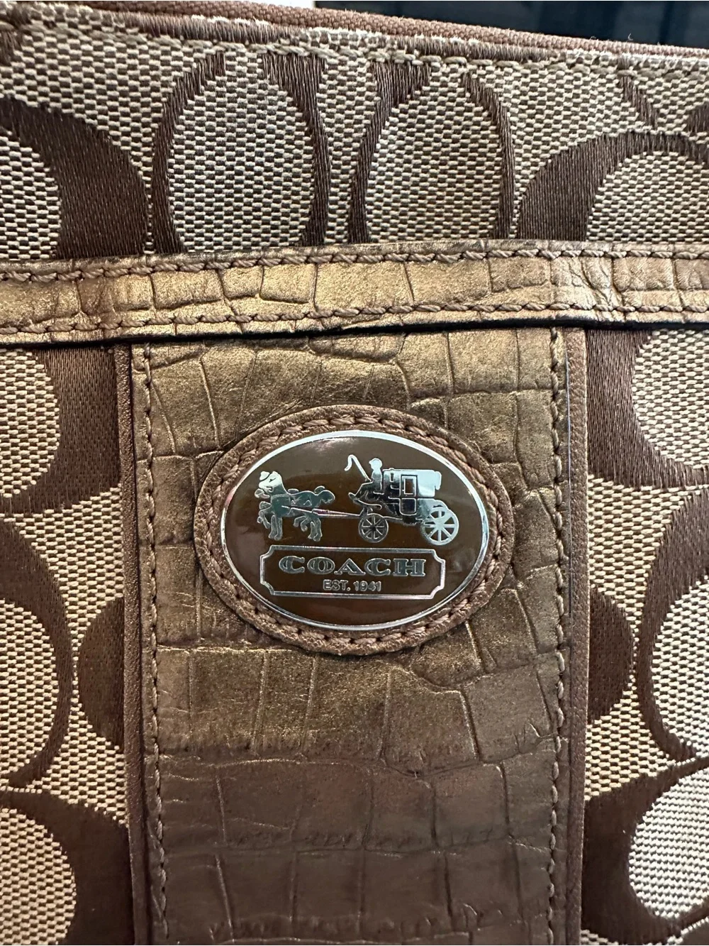 Coach Signature Canvas w/Croc-Embossed Leather Trim Swingpack Crossbody Bag EUC